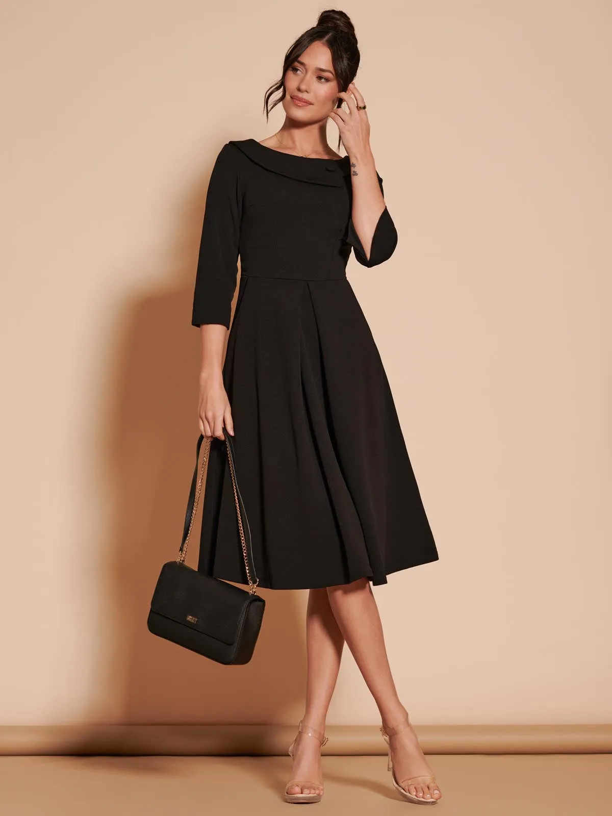 3/4 Sleeve Fold Neck Midi Dress, Black