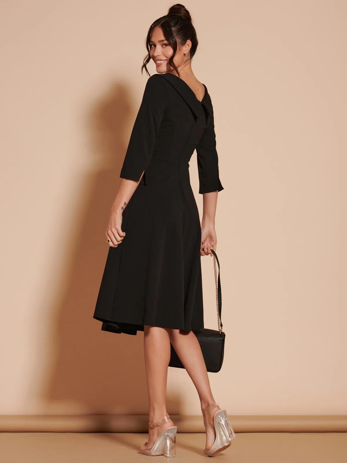 3/4 Sleeve Fold Neck Midi Dress, Black