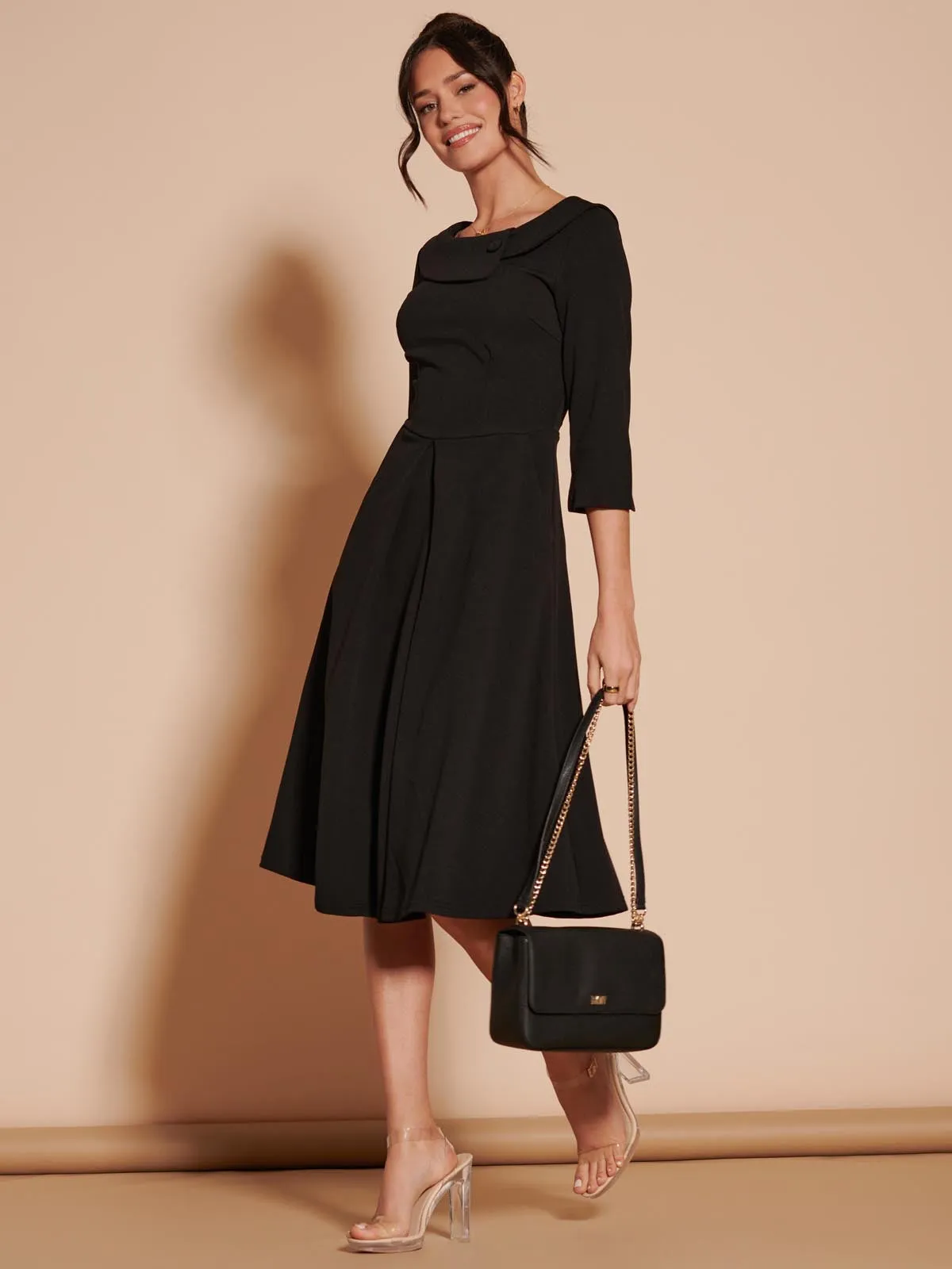 3/4 Sleeve Fold Neck Midi Dress, Black