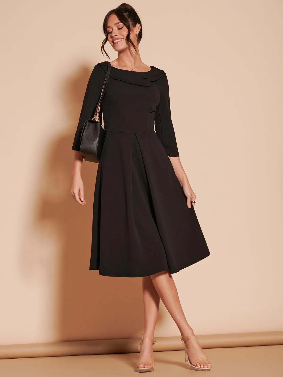 3/4 Sleeve Fold Neck Midi Dress, Black