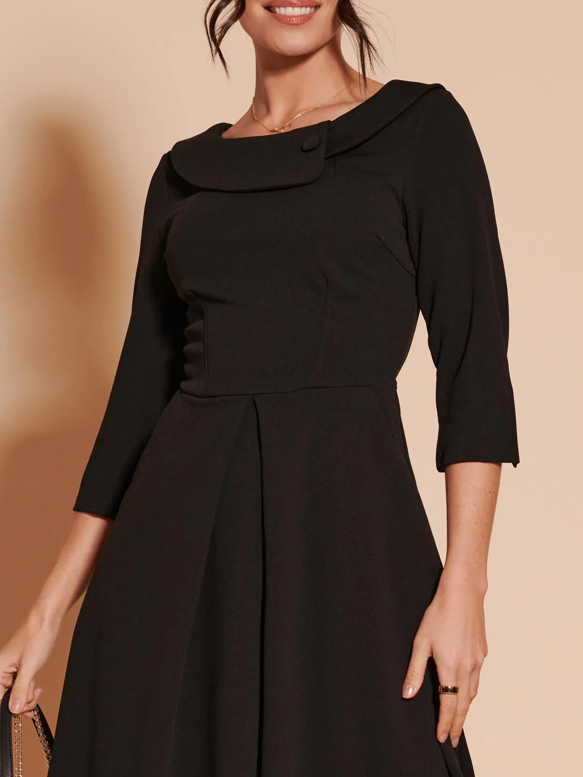 3/4 Sleeve Fold Neck Midi Dress, Black