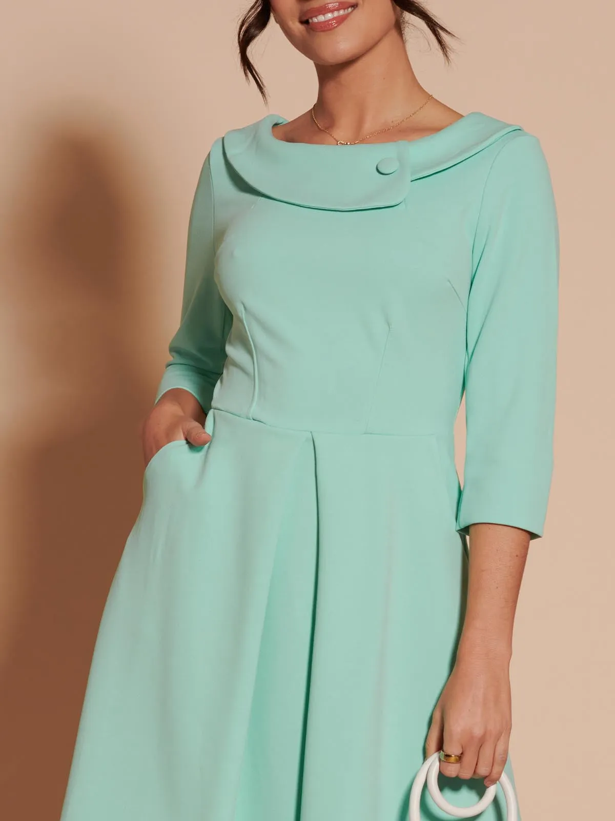 3/4 Sleeve Fold Neck Midi Dress, Light Green