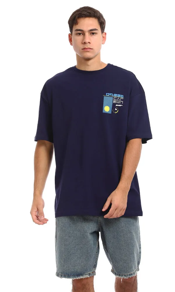 96845 Loose Fit Cotton Printed Back T-Shirt - Navy Blue