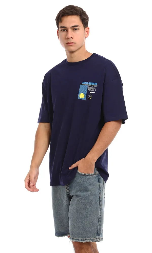 96845 Loose Fit Cotton Printed Back T-Shirt - Navy Blue