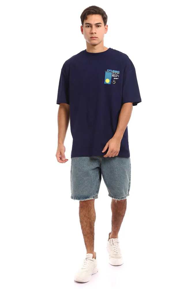 96845 Loose Fit Cotton Printed Back T-Shirt - Navy Blue