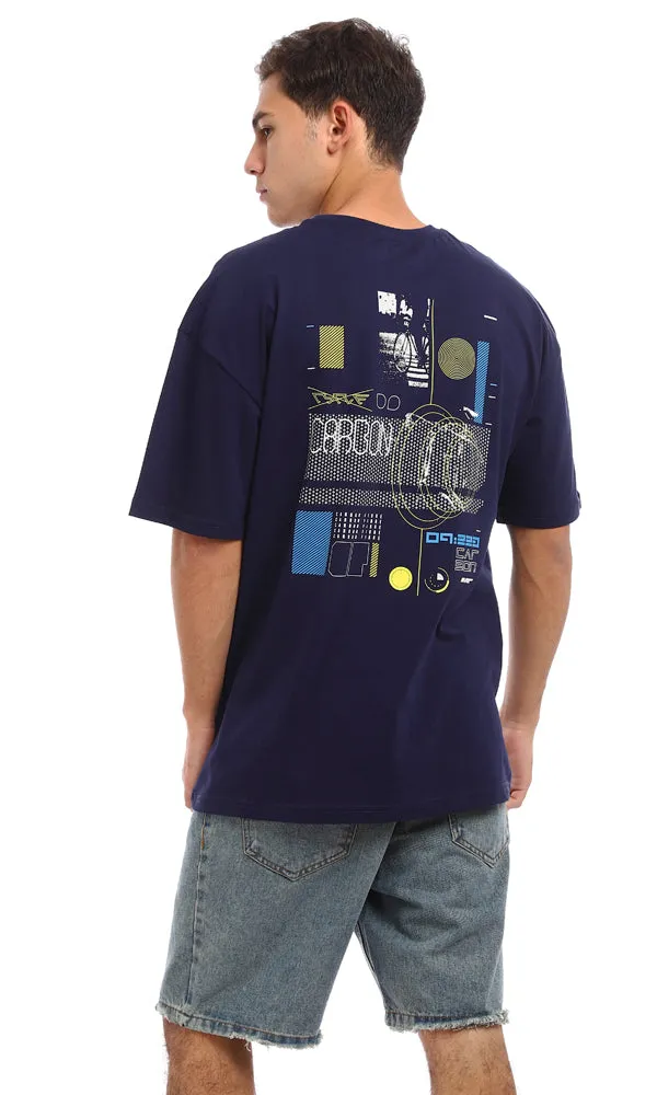 96845 Loose Fit Cotton Printed Back T-Shirt - Navy Blue