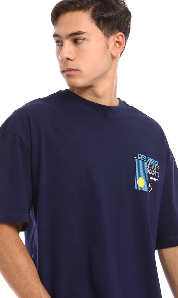 96845 Loose Fit Cotton Printed Back T-Shirt - Navy Blue