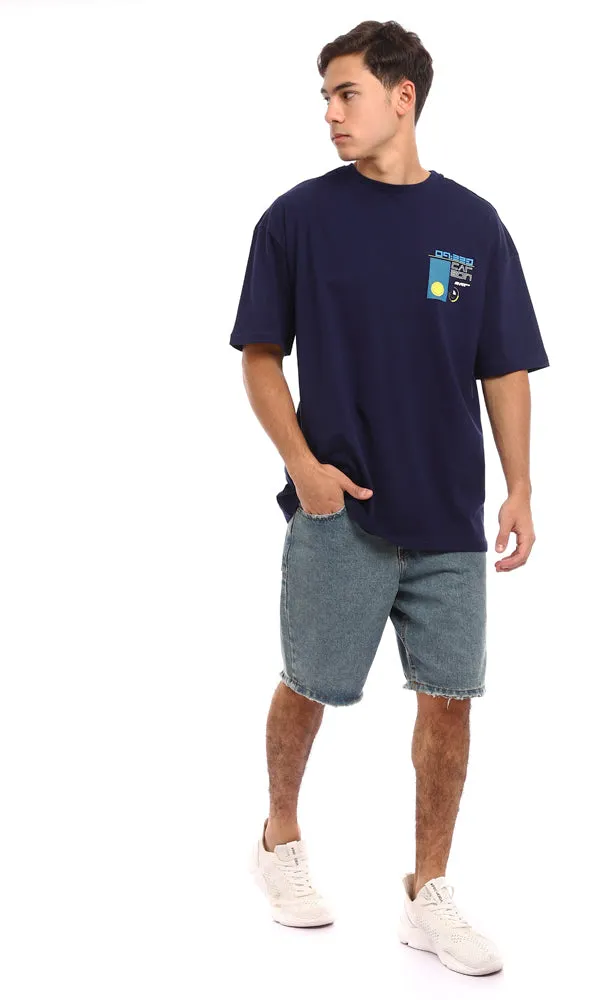 96845 Loose Fit Cotton Printed Back T-Shirt - Navy Blue