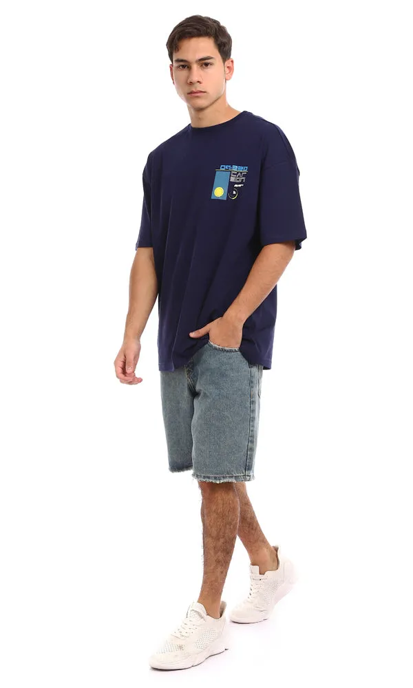 96845 Loose Fit Cotton Printed Back T-Shirt - Navy Blue