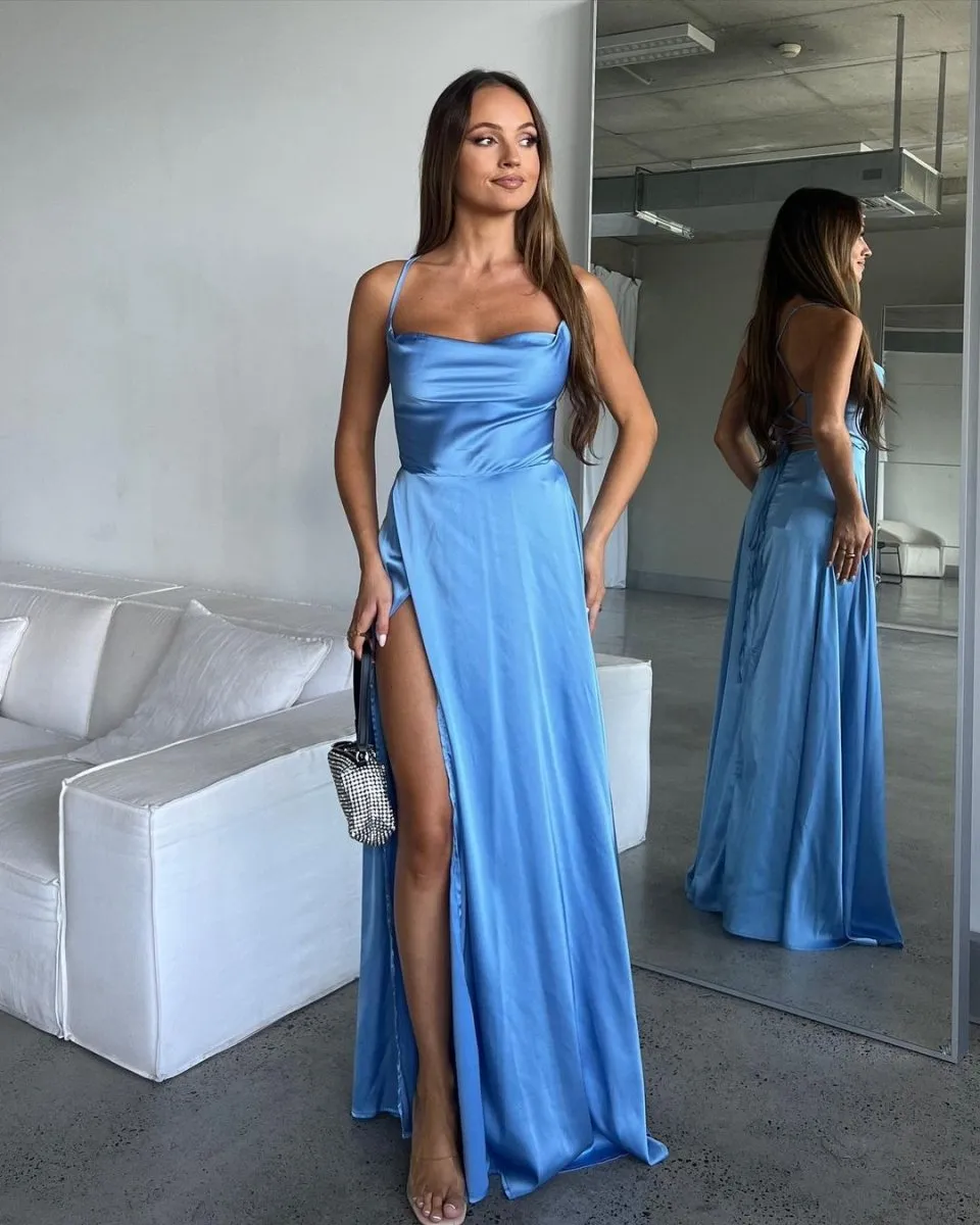 A Line Cowl Neck Blue Silk Satin Bridesmaid Dresses with Slit