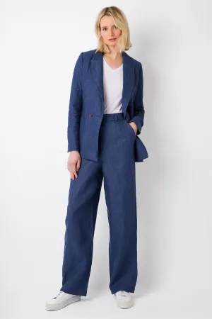 Alaina High Waisted Linen Trouser - Denim Blue