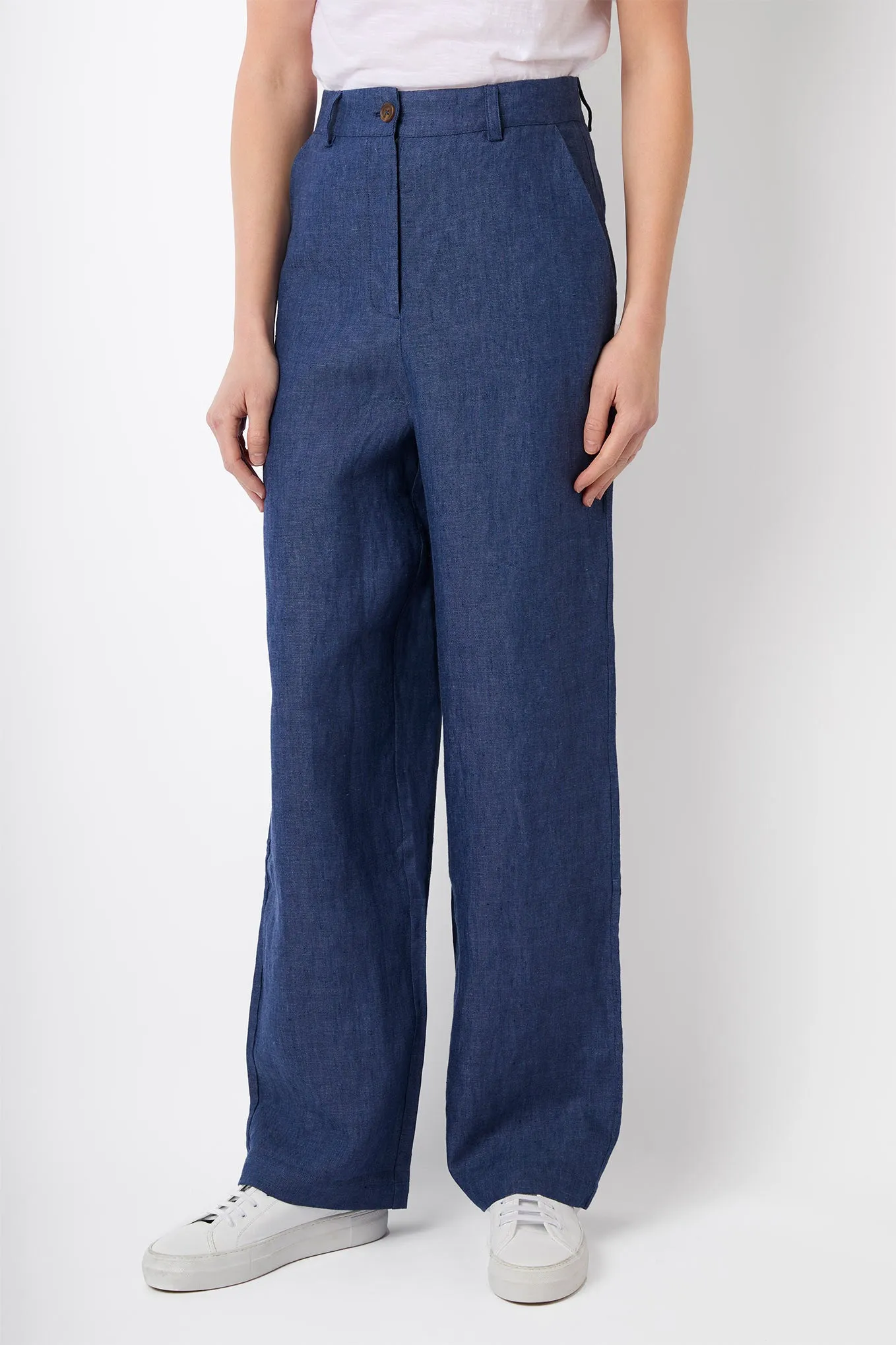 Alaina High Waisted Linen Trouser - Denim Blue