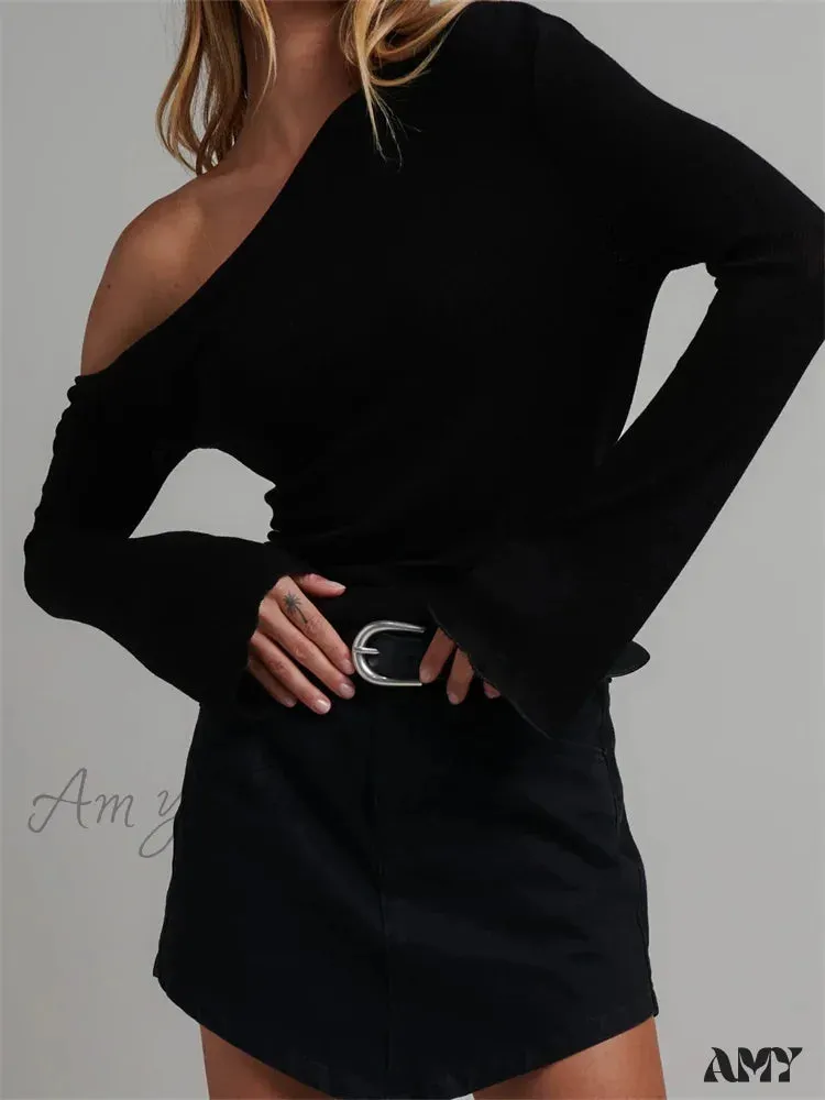 Amy Fashion - Knitted Long Flare Sleeve Solid Slim Fit T-shirts Off Shoulder T-shirts