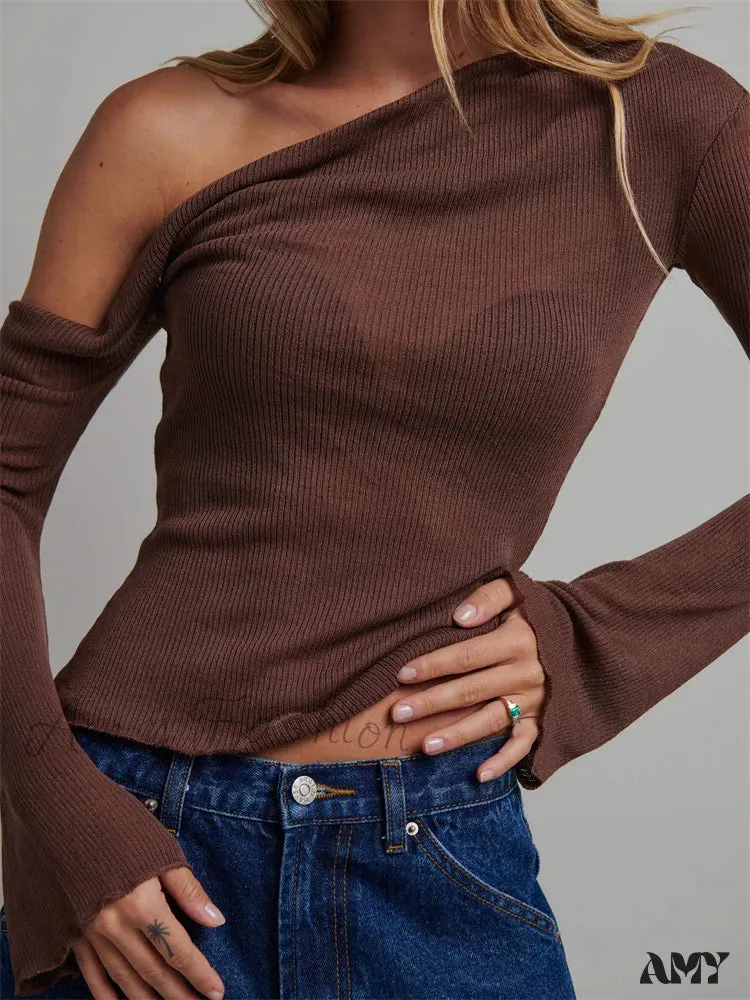 Amy Fashion - Knitted Long Flare Sleeve Solid Slim Fit T-shirts Off Shoulder T-shirts