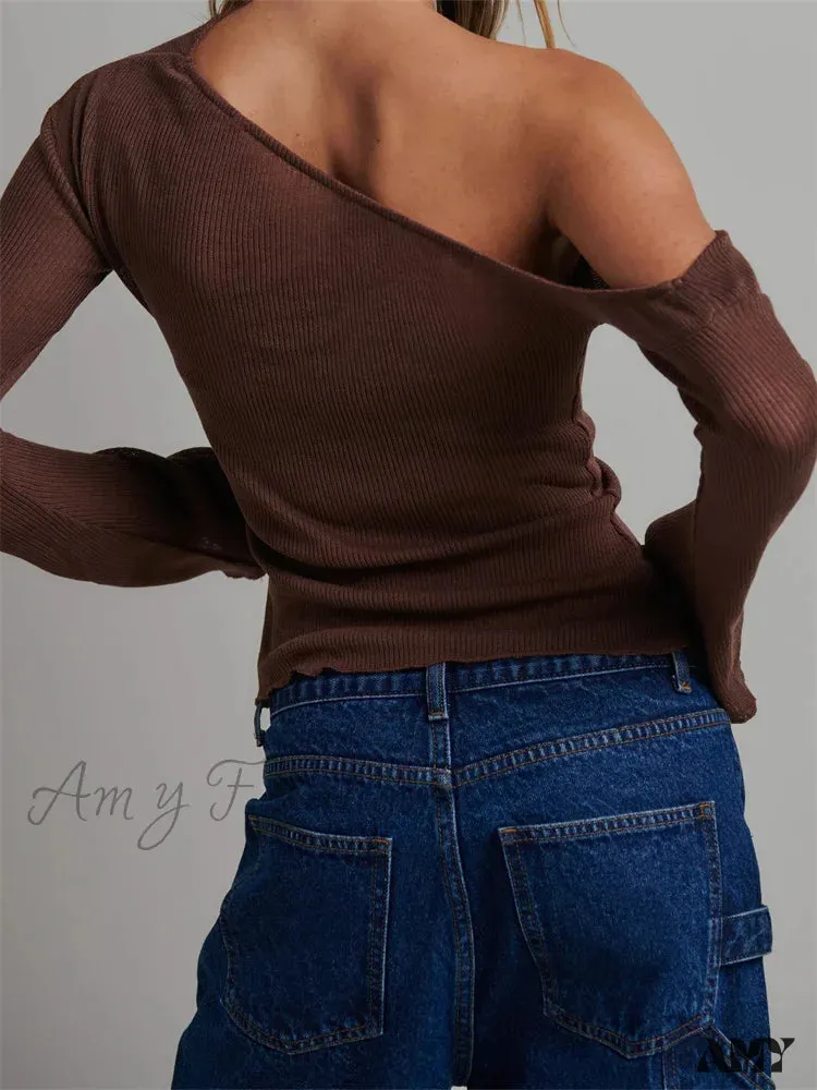 Amy Fashion - Knitted Long Flare Sleeve Solid Slim Fit T-shirts Off Shoulder T-shirts