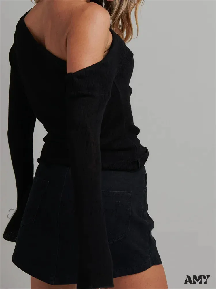Amy Fashion - Knitted Long Flare Sleeve Solid Slim Fit T-shirts Off Shoulder T-shirts