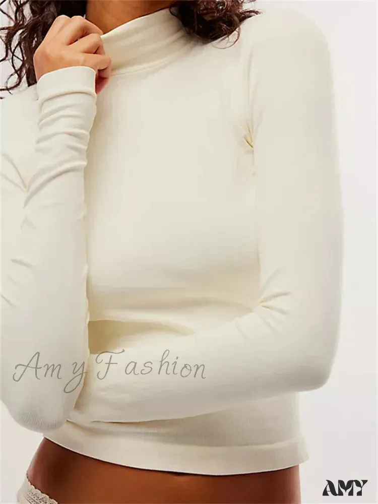 Amy Fashion - Long Sleeve High Neck Backless Slim Fit Solid Color T-Shirts