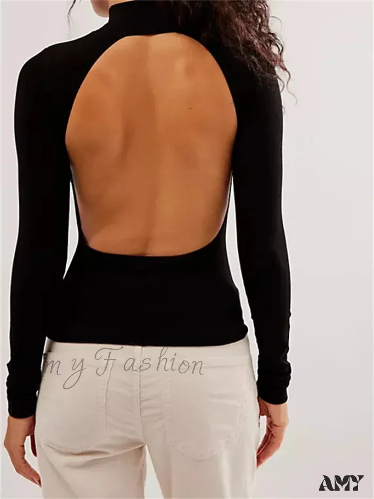 Amy Fashion - Long Sleeve High Neck Backless Slim Fit Solid Color T-Shirts