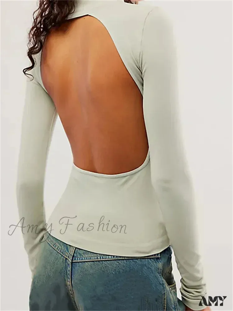 Amy Fashion - Long Sleeve High Neck Backless Slim Fit Solid Color T-Shirts
