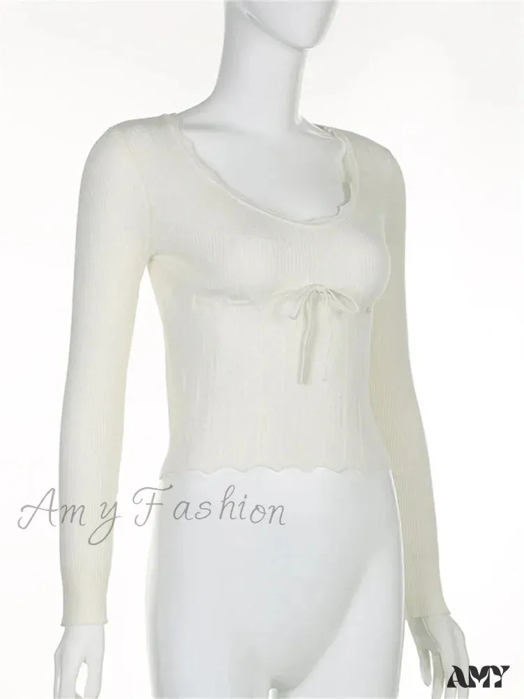 Amy Fashion - Vintage Knitted Low Cut Round Neck Slim Fit Ribbed  T-shirts