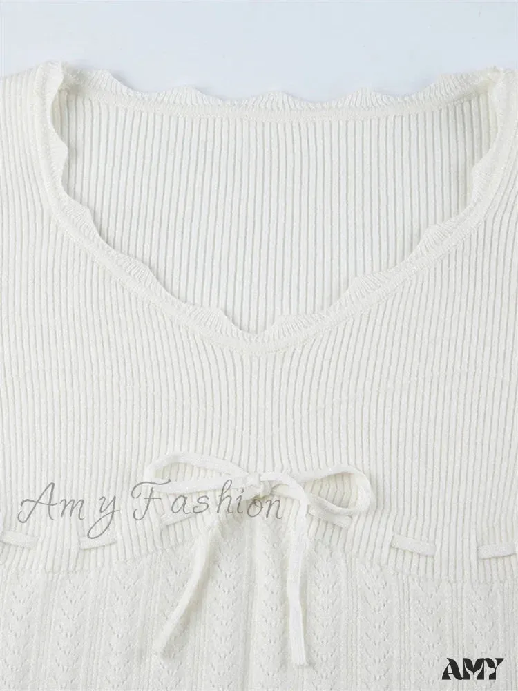 Amy Fashion - Vintage Knitted Low Cut Round Neck Slim Fit Ribbed  T-shirts