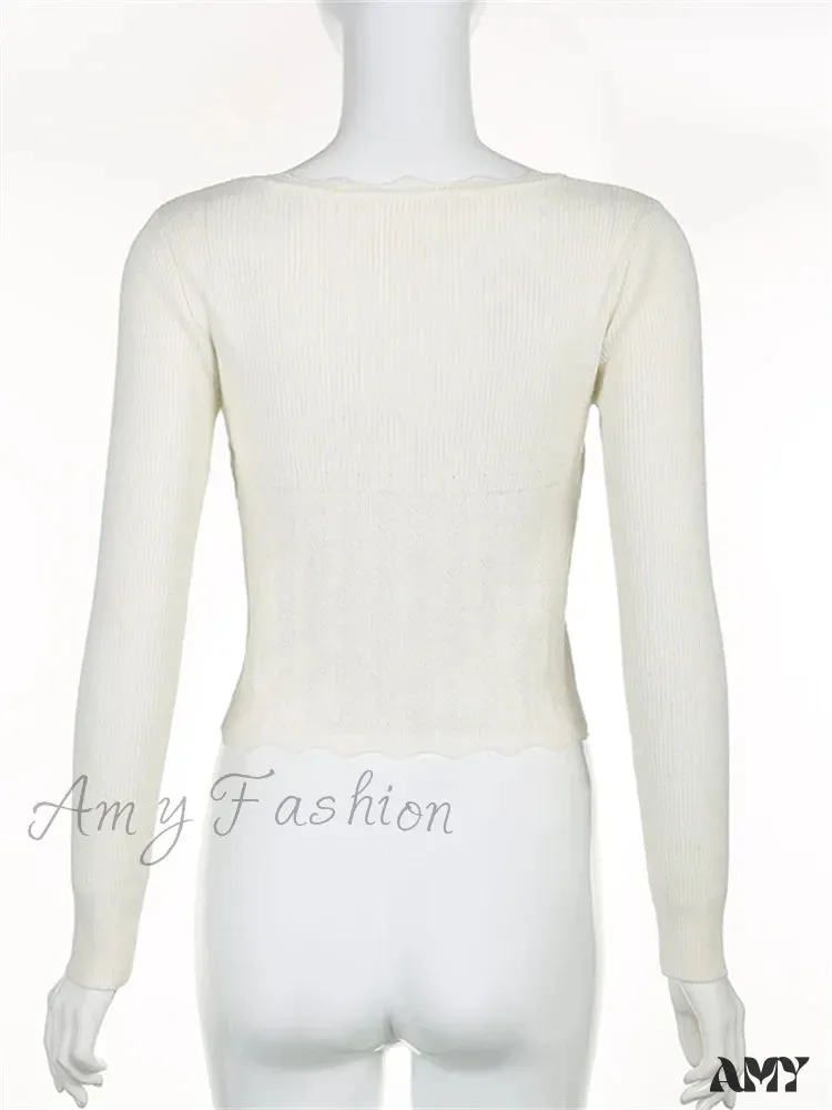 Amy Fashion - Vintage Knitted Low Cut Round Neck Slim Fit Ribbed  T-shirts