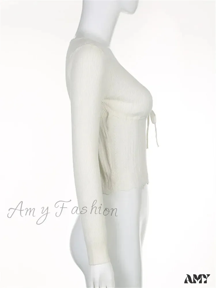 Amy Fashion - Vintage Knitted Low Cut Round Neck Slim Fit Ribbed  T-shirts