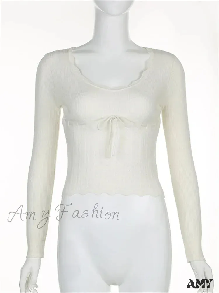 Amy Fashion - Vintage Knitted Low Cut Round Neck Slim Fit Ribbed  T-shirts