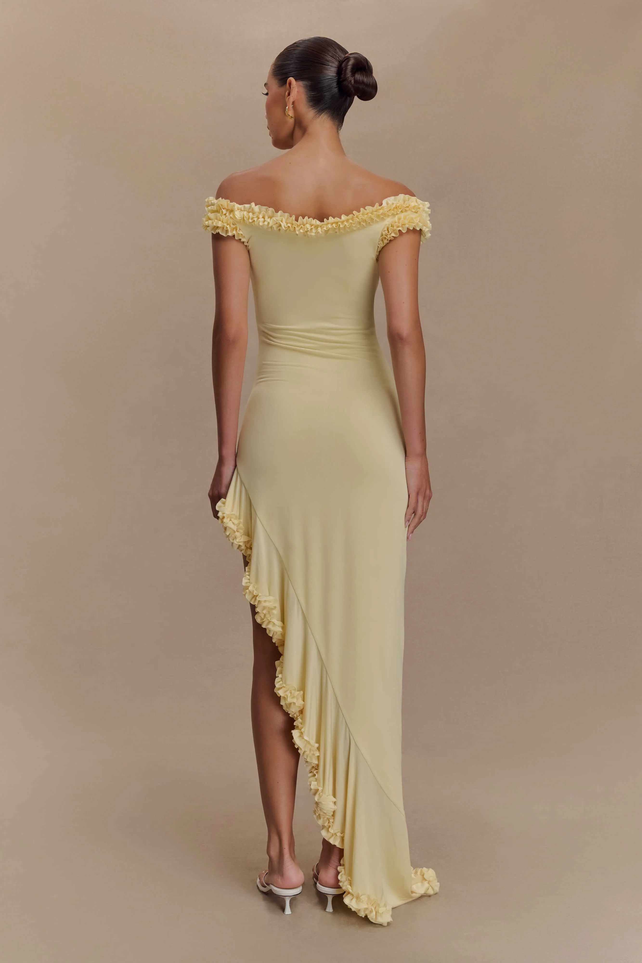 Arielle Off Shoulder Ruffle Midi Dress - Pastel Lemon