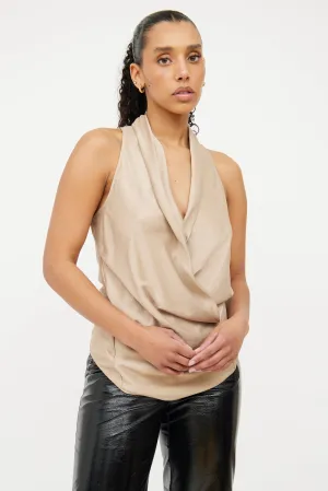 Beige Draped Satin Sleeveless Top