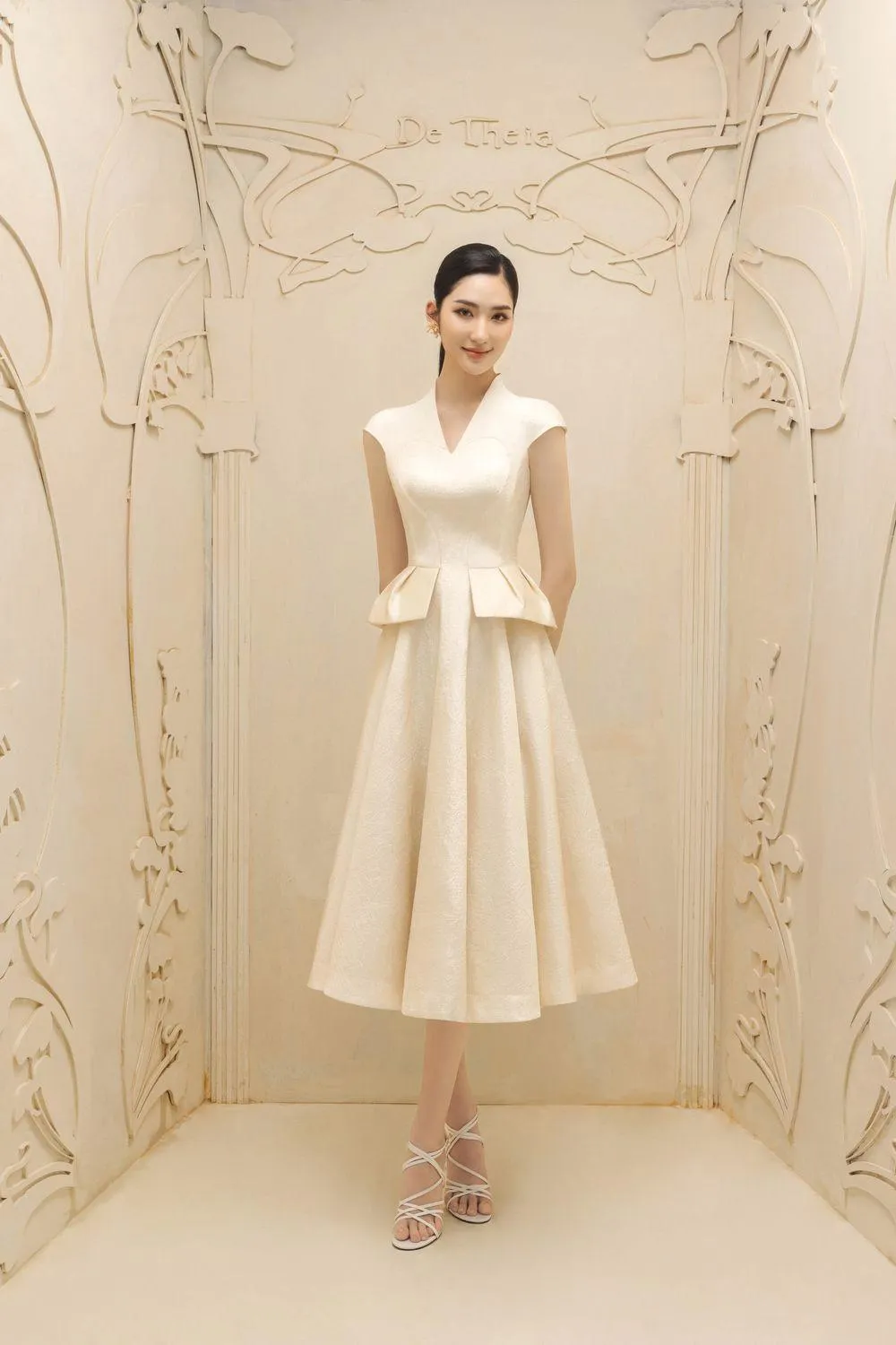 Blanche Peplum V-Neck Taffeta Midi Dress