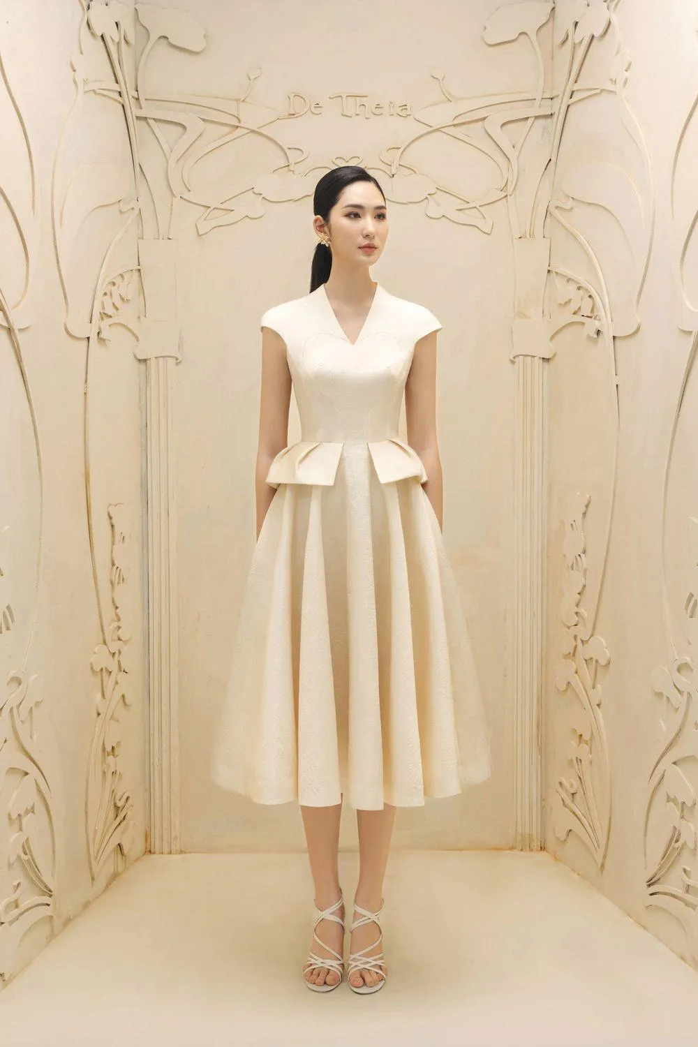 Blanche Peplum V-Neck Taffeta Midi Dress