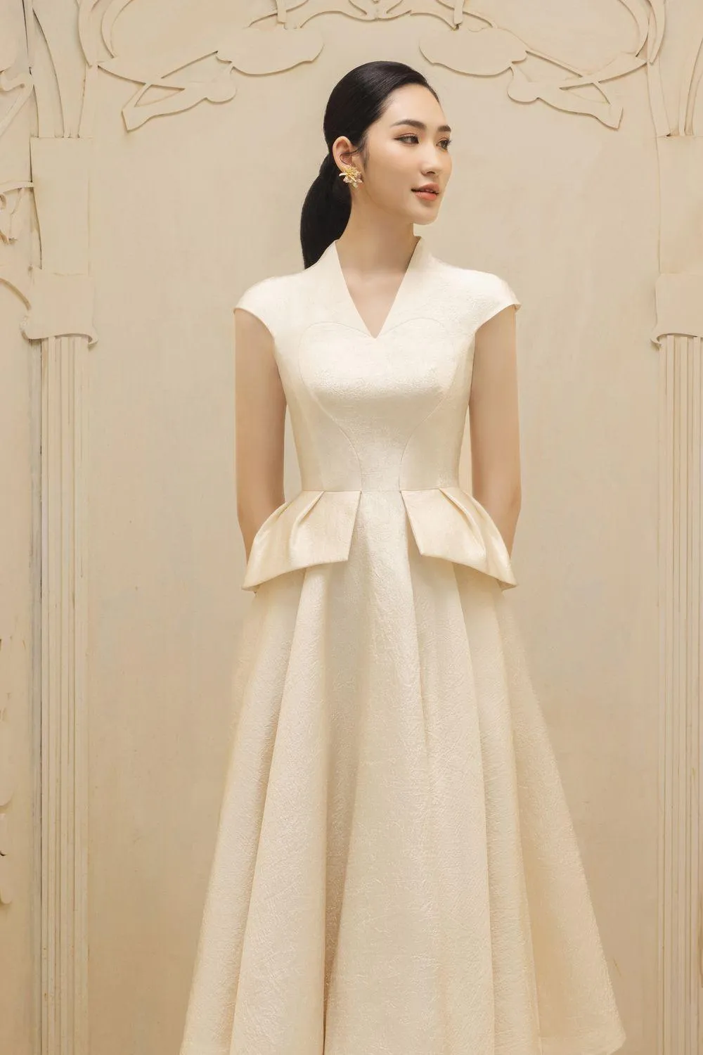 Blanche Peplum V-Neck Taffeta Midi Dress