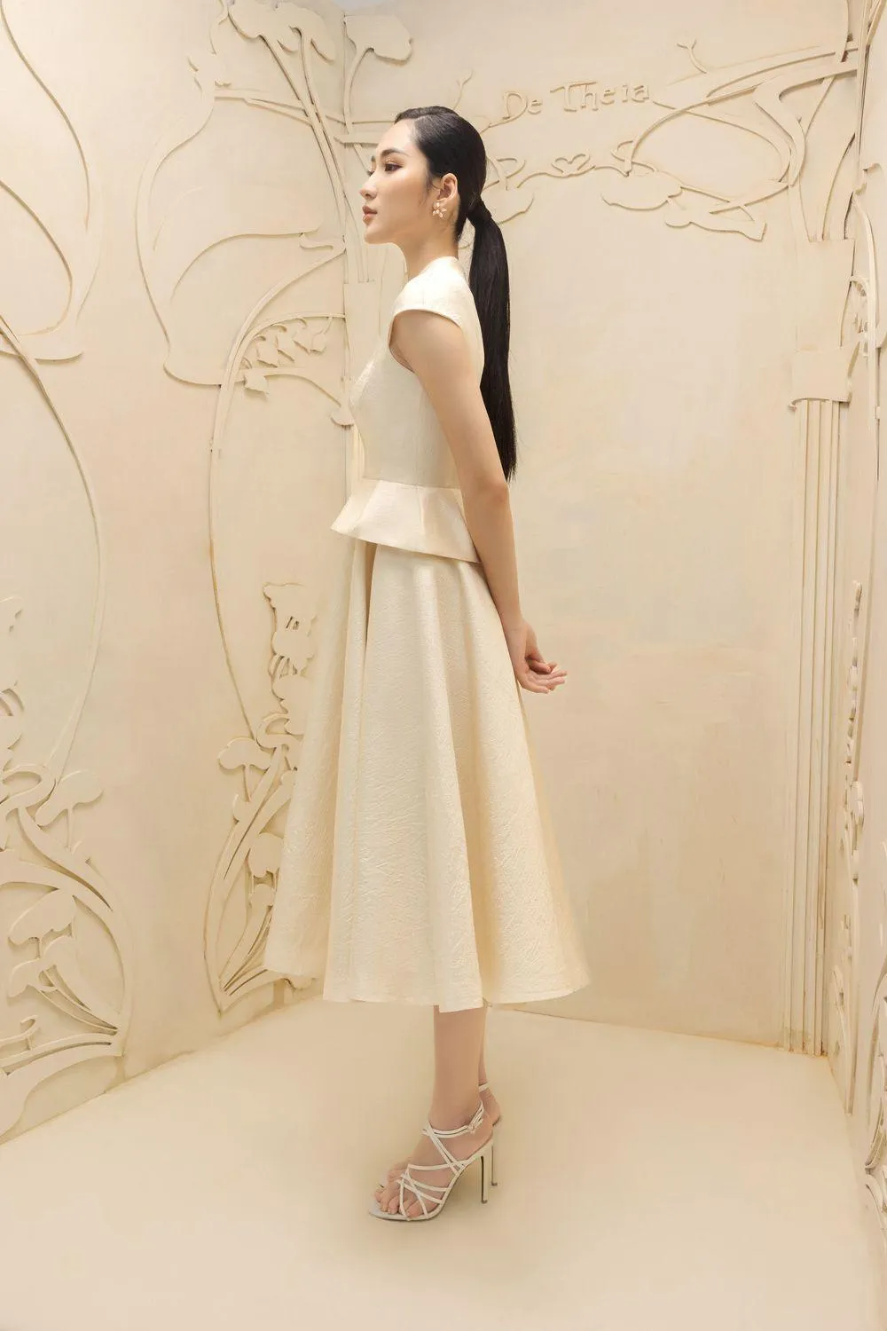 Blanche Peplum V-Neck Taffeta Midi Dress