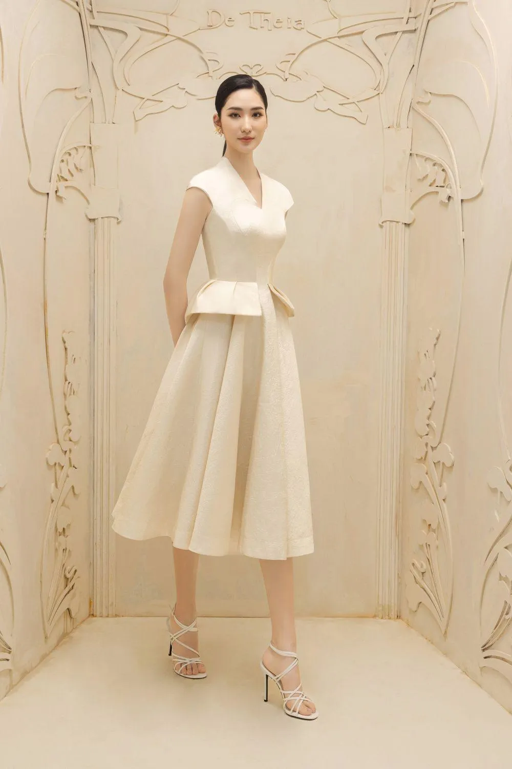 Blanche Peplum V-Neck Taffeta Midi Dress
