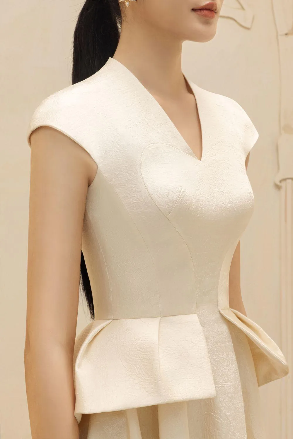 Blanche Peplum V-Neck Taffeta Midi Dress