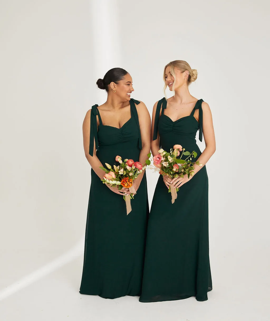 Bow Tie Shoulder Chiffon Bridesmaid Dress - Emerald