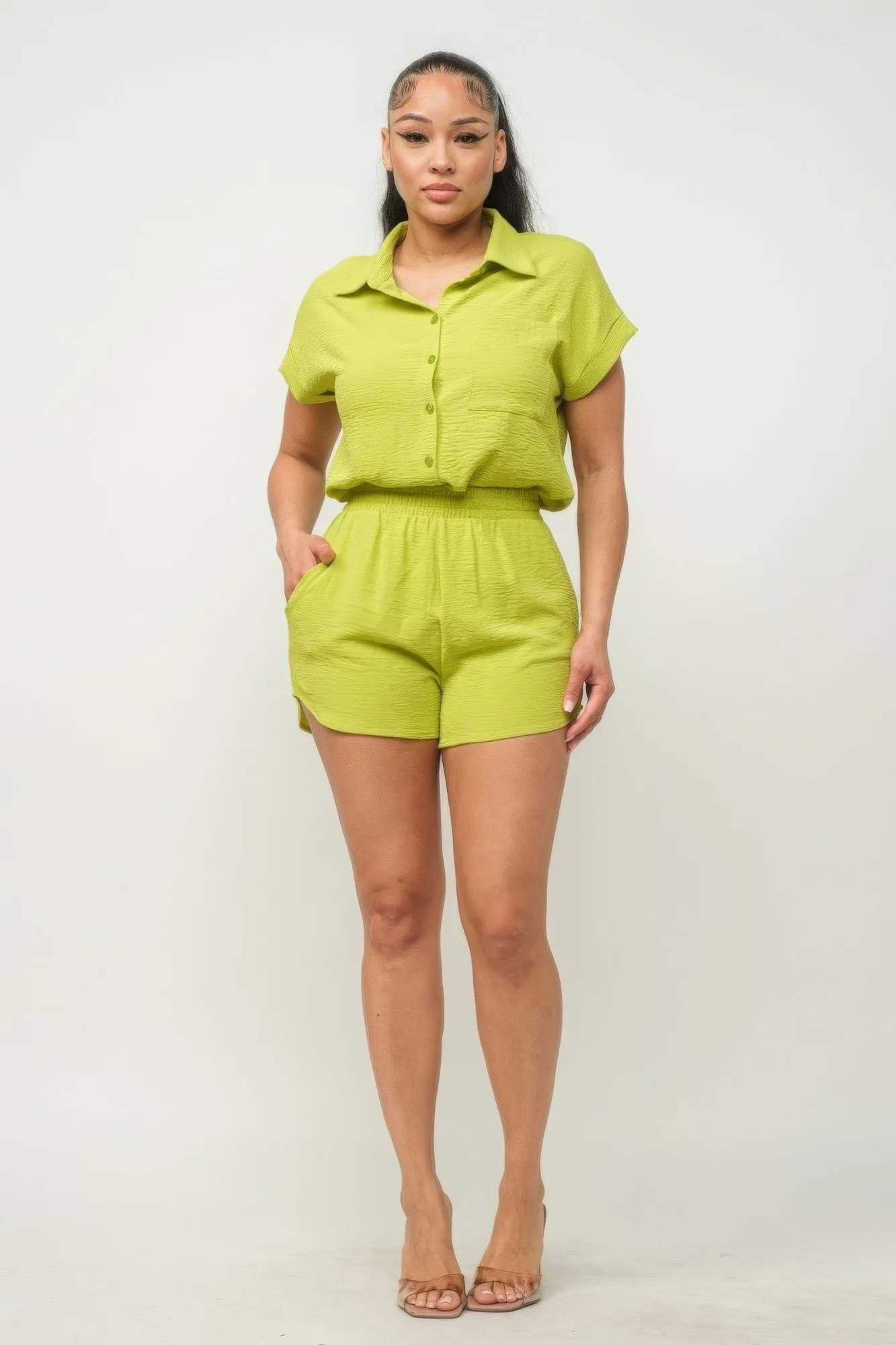 Button Down Loose Fit Top And Shorts Set