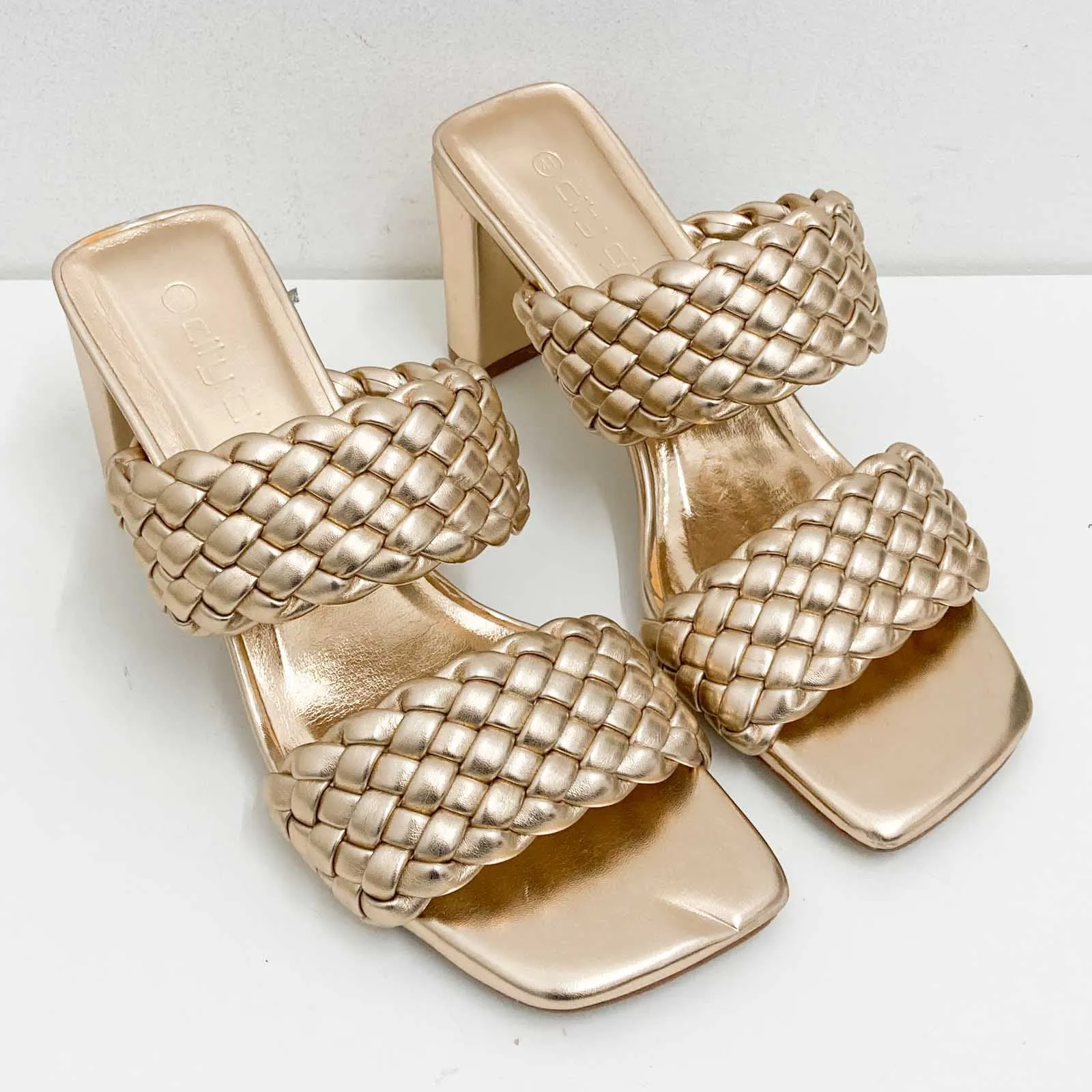 City Chic Mules Size 41 UK 8 Metallic Rose Gold Block Heel Slip-On