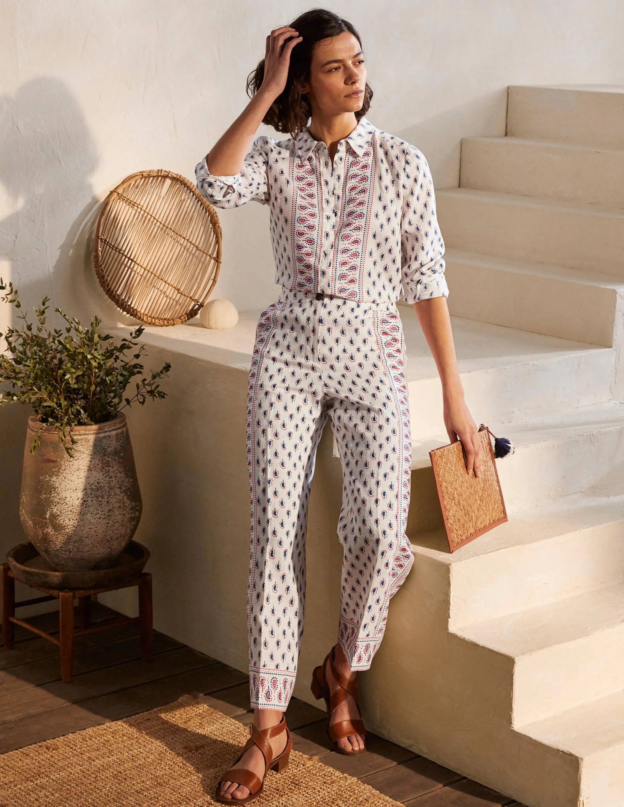 Cornwall Linen Trousers-Ivory, Paisley Stamp