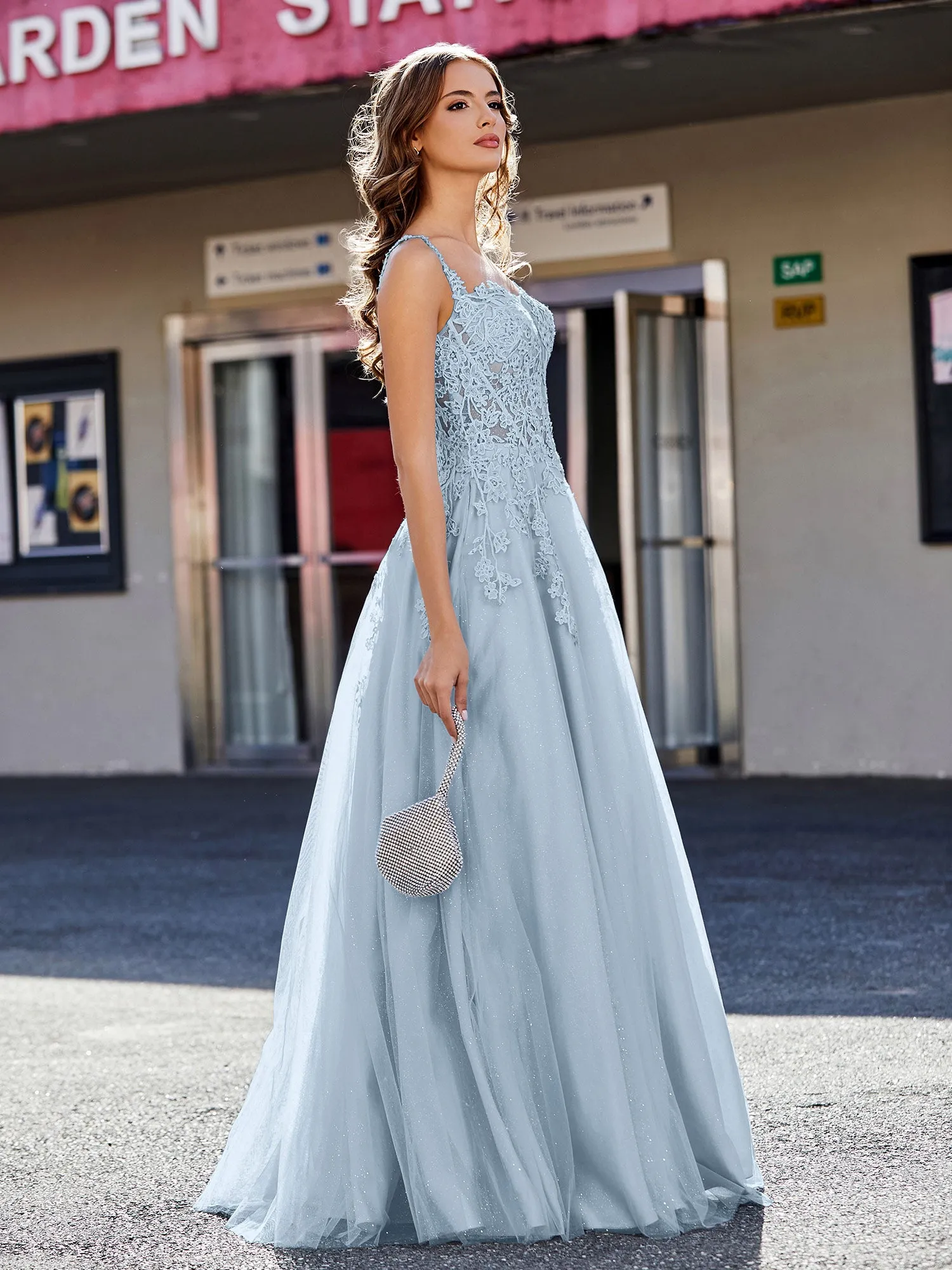 Corset Bodice A Line Tulle Gown Dusty Blue