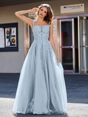 Corset Bodice A Line Tulle Gown Dusty Blue