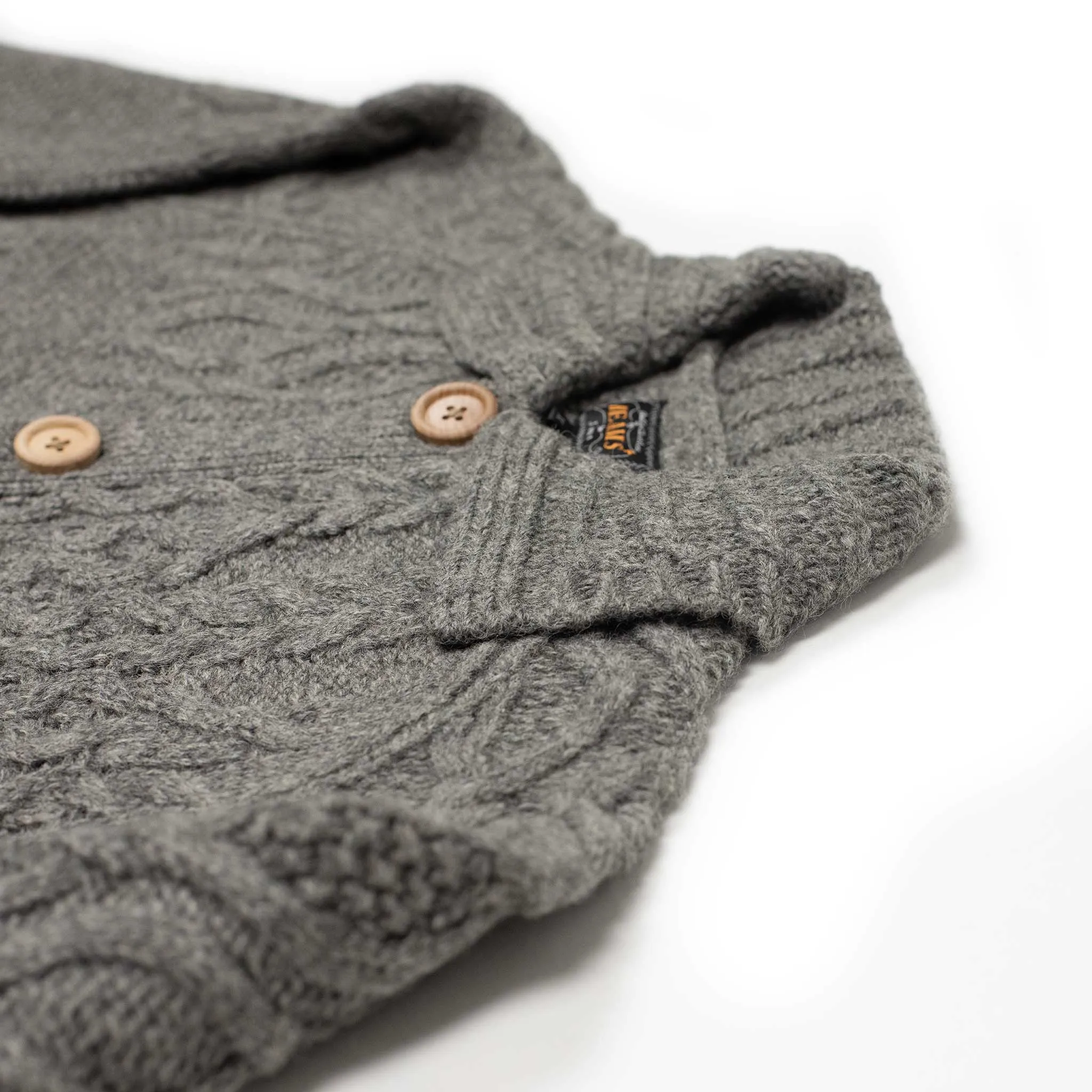 Crazy cable knit Aran cardigan in grey wool