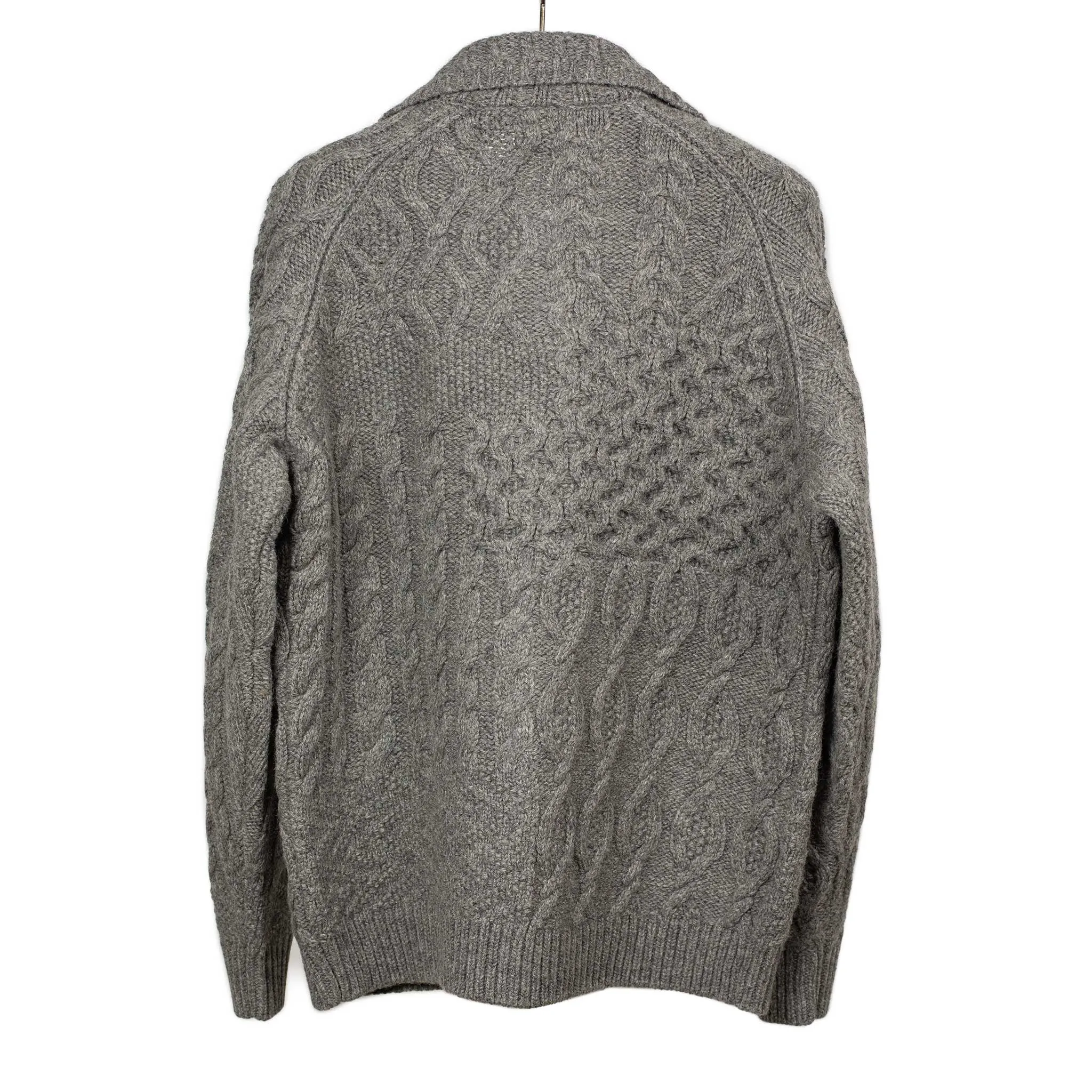 Crazy cable knit Aran cardigan in grey wool