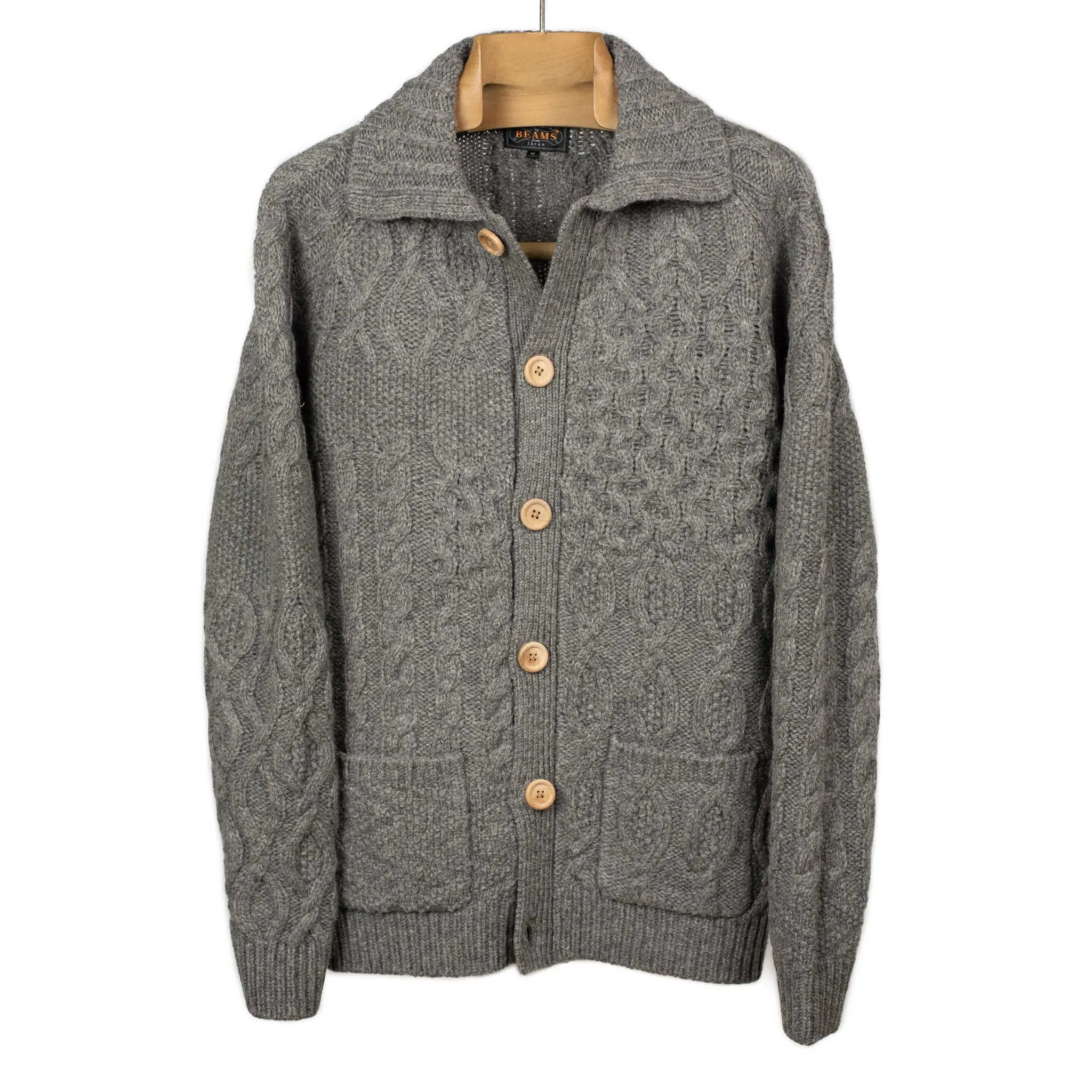 Crazy cable knit Aran cardigan in grey wool