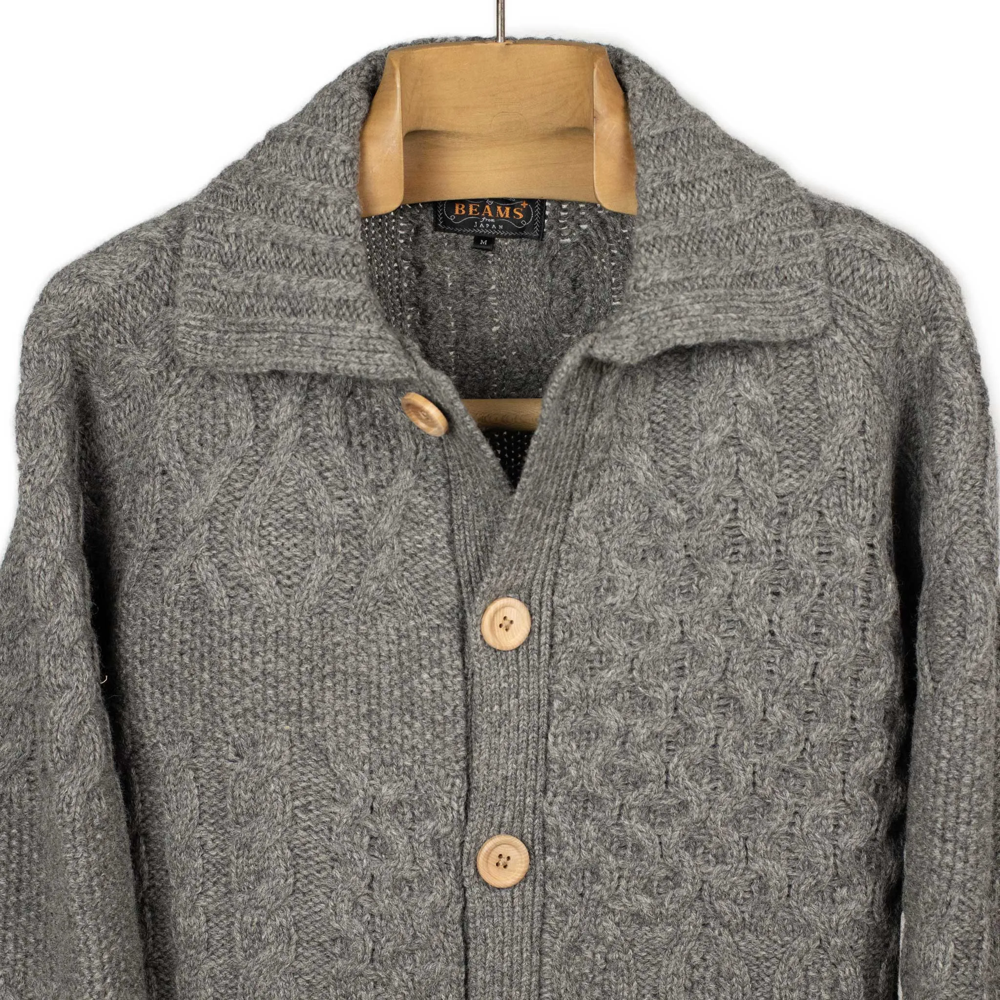 Crazy cable knit Aran cardigan in grey wool
