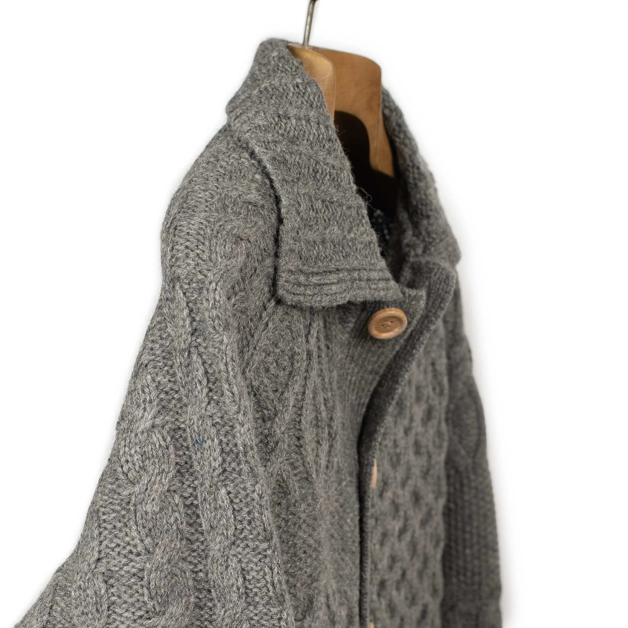 Crazy cable knit Aran cardigan in grey wool