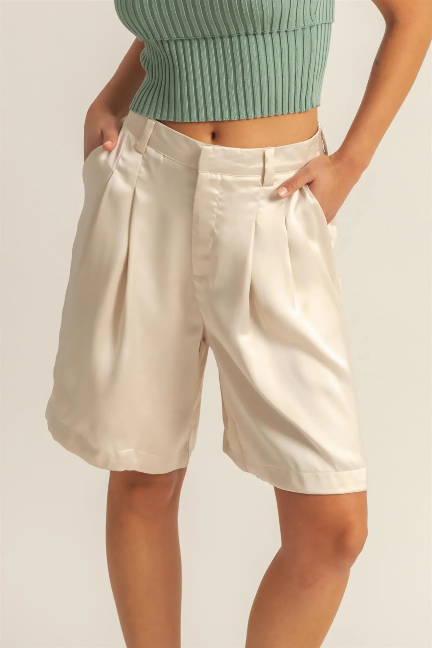 DZ24E149-High-Waist Pleated Satin Shorts