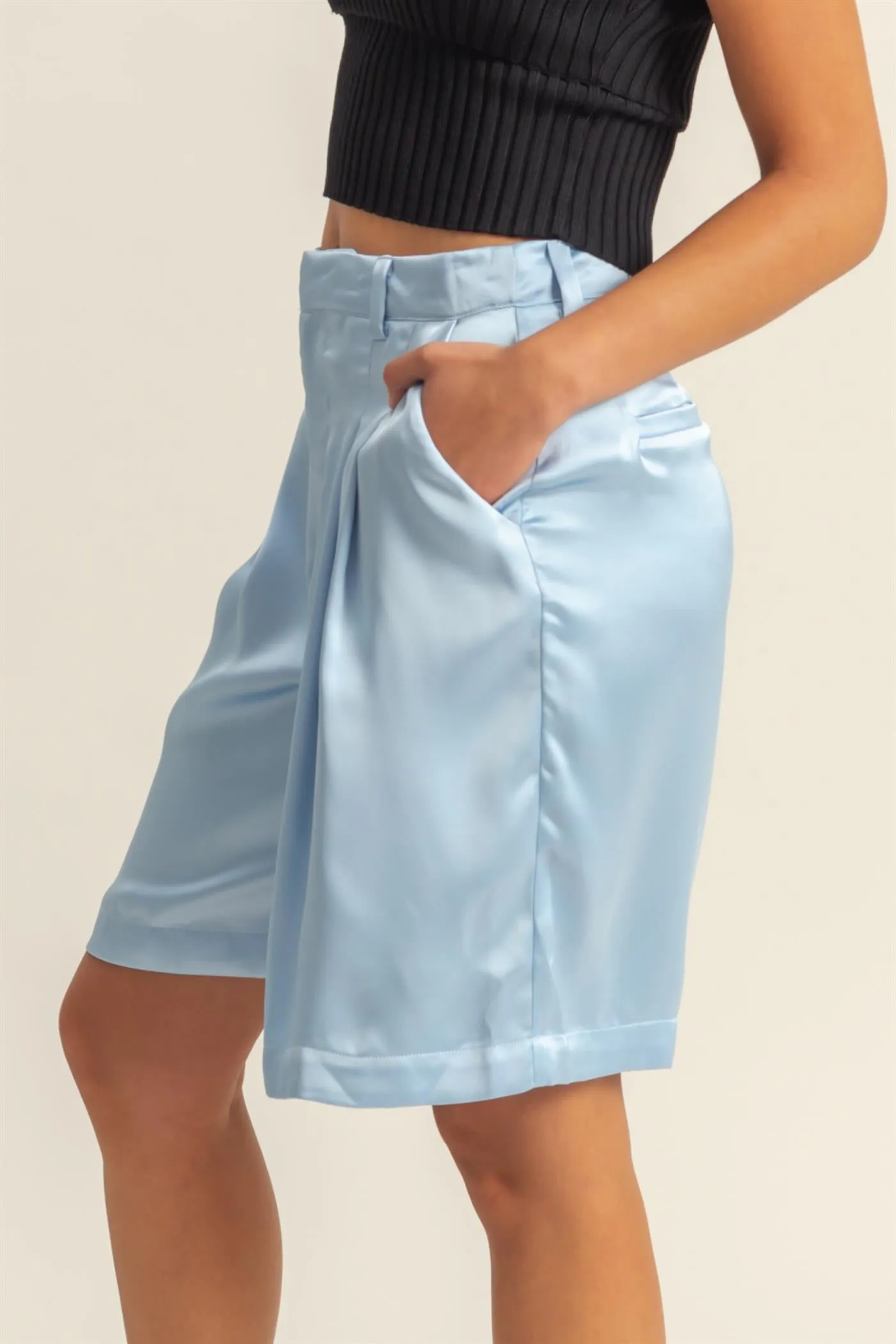 DZ24E149-High-Waist Pleated Satin Shorts