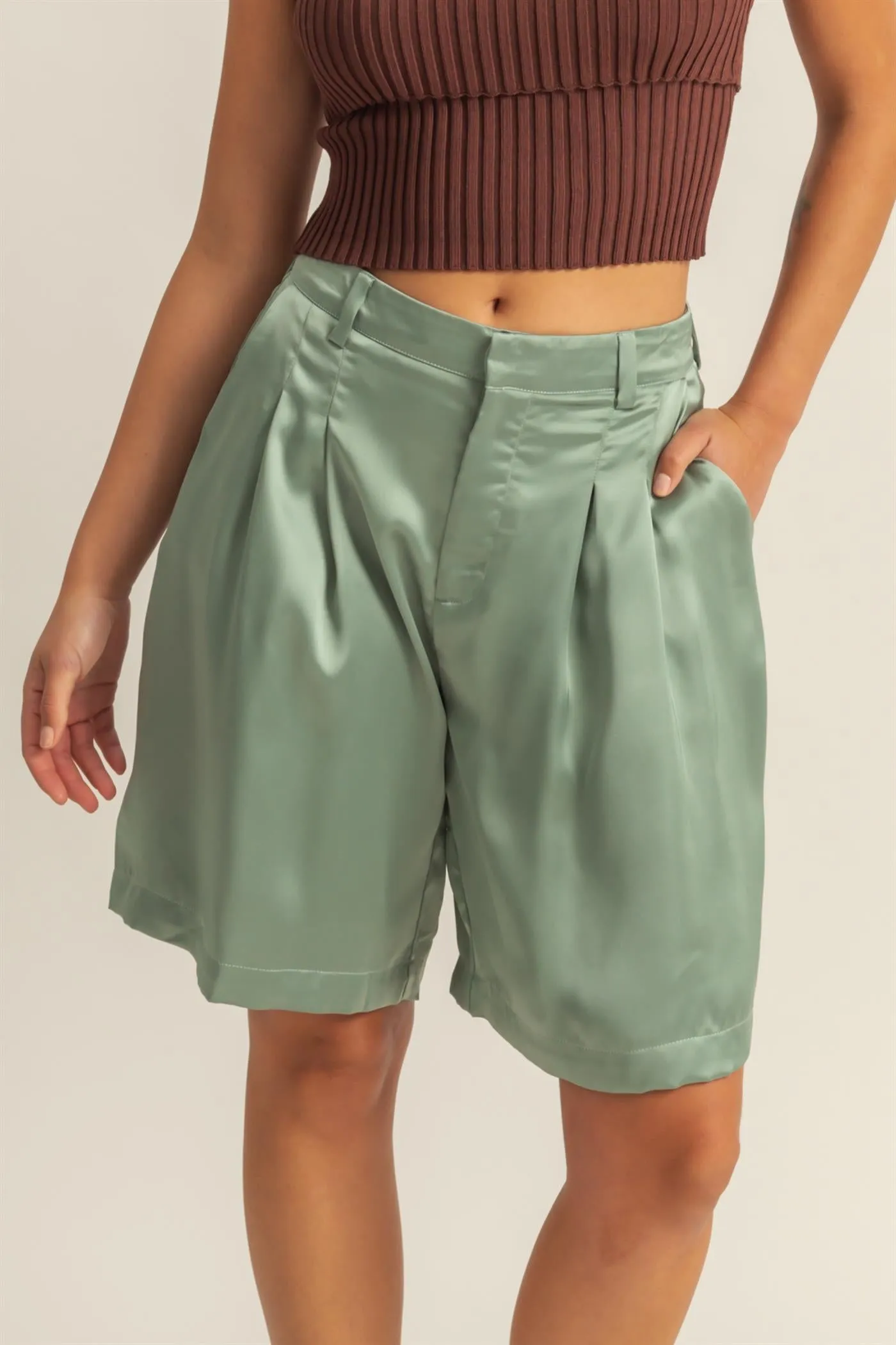 DZ24E149-High-Waist Pleated Satin Shorts
